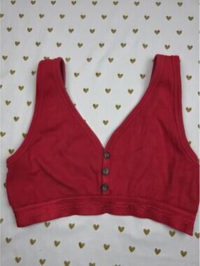 Victorias Secret Bralette Medium Red Button Front Ribbed Logo Band Tank COTTON